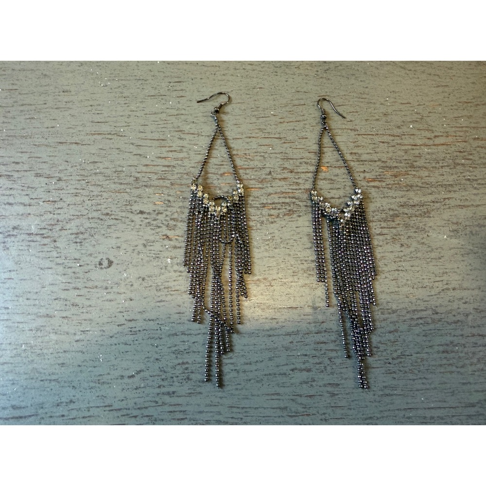 Gunmetal Ball Chain Fringe Chandelier Earrings Rhinestone Long Dangle 5.5 Inch